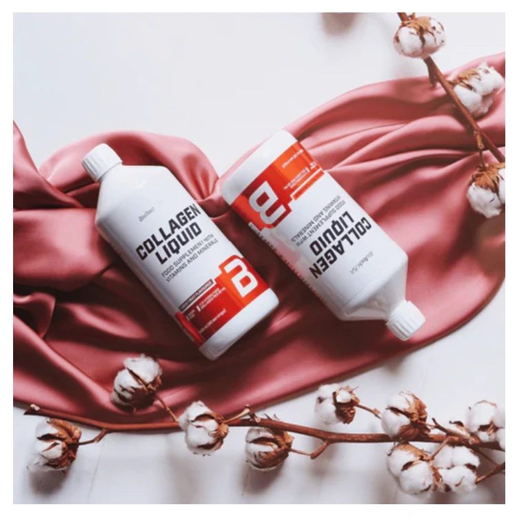 Collagen liquid 1000 ml. Both flavours on a red scarf and by BioTechUSA